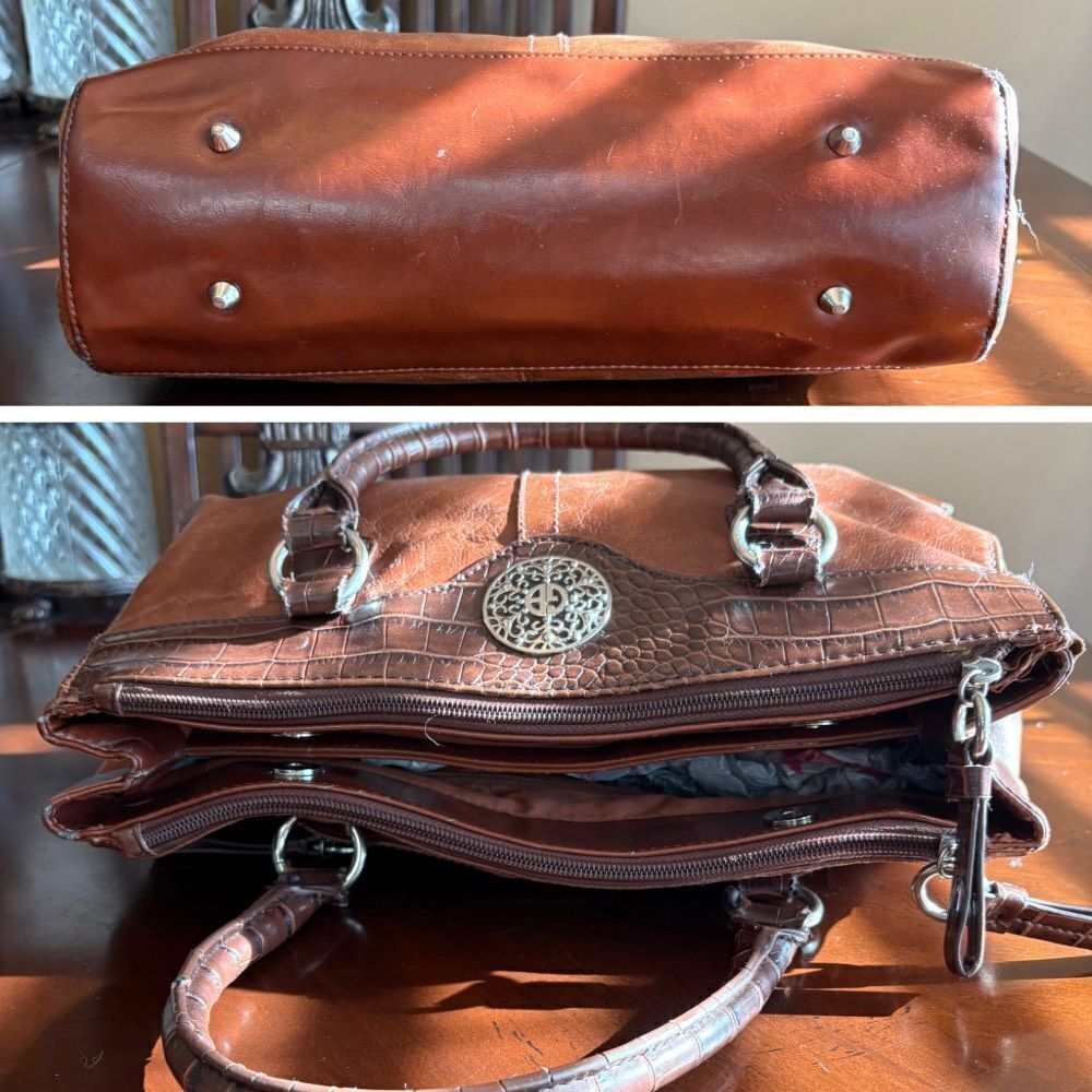 GIANI BERNINI - Double Zip Glazed Leather Satchel/Espresso w/Faux Leather Trim - Picture 11 of 16
